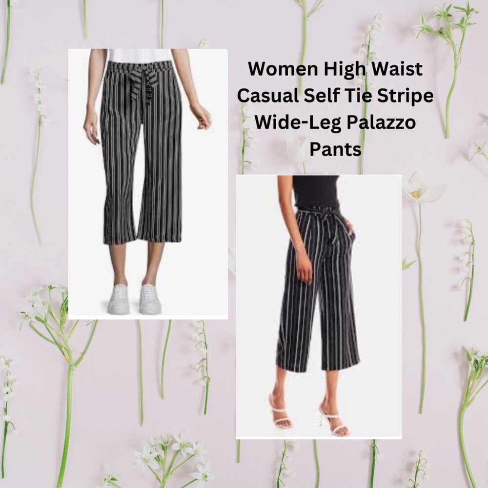 L Ashley Blue Women’s High Waist Casual Self-Tie Stripe Wide Leg Palazzo Pants